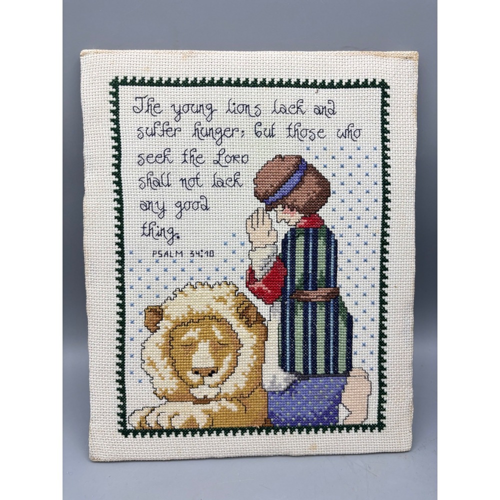 Handmade Cross Stitch Psalm 34:70 Lions Praying‎ Seek the Lord